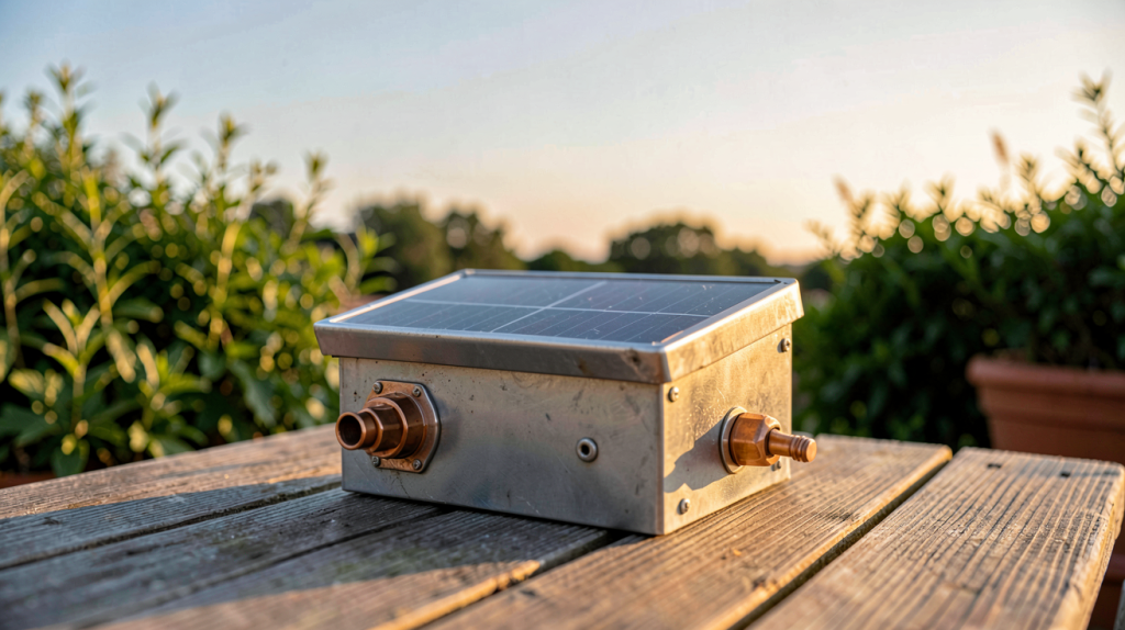 chauffage solaire portable de type panneau thermique compact posé sur une terrasse en bois