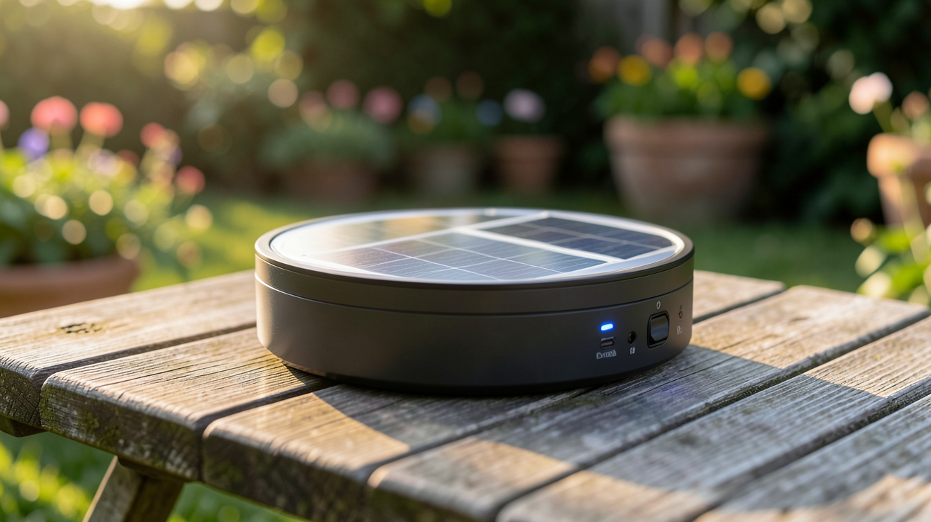 chauffage solaire portatif compact posé sur une table en bois extérieur
