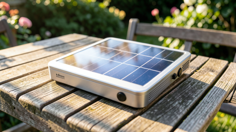 chauffage solaire portatif compact posé sur une table de jardin en bois par une journée ensoleillée