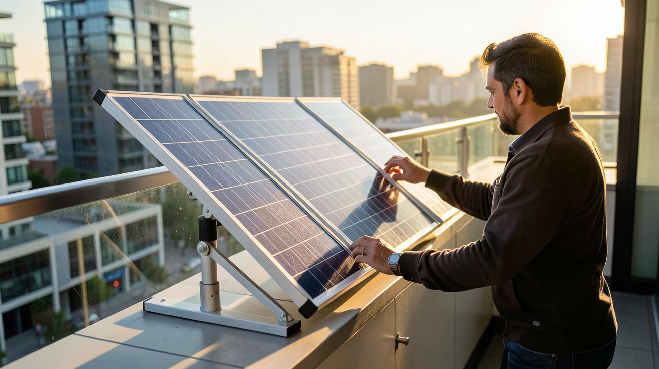 chauffage solaire portatif installé sur un balcon avec une personne ajustant l'angle des panneaux pour une efficacité optimale
