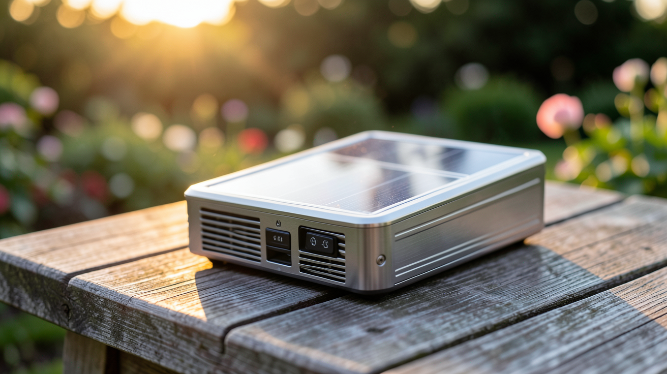 chauffage solaire portatif compact posé sur une table en bois extérieur avec une lumière naturelle dorée