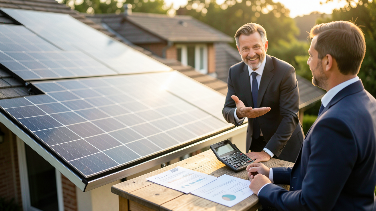 chauffage solaire pour maison : professionnel expliquant le coût, les aides financières et le retour sur investissement à un propriétaire devant des documents