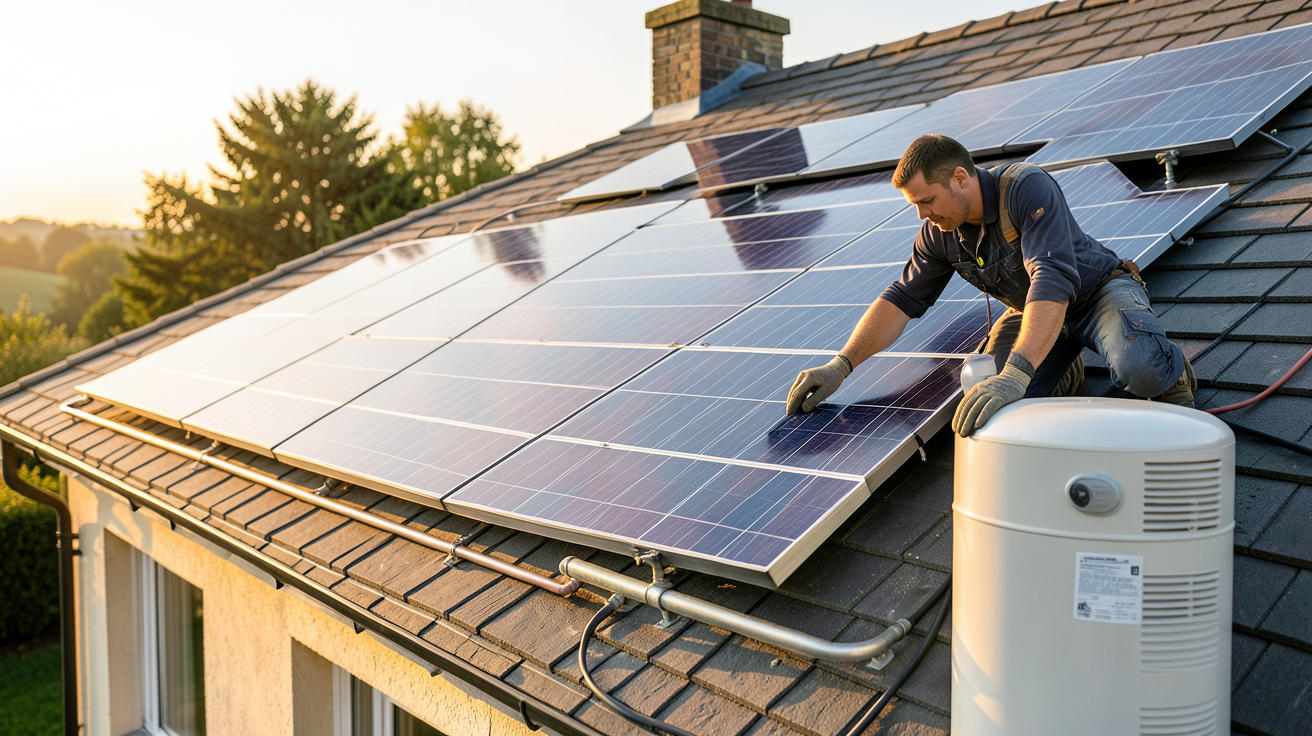 chauffage solaire pour maison : technicien installant des panneaux solaires thermiques sur un toit résidentiel