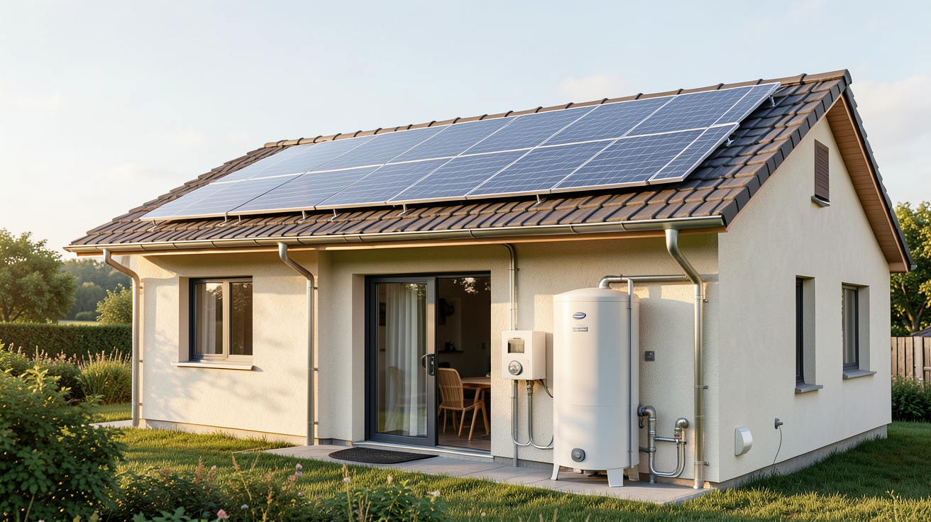 chauffage solaire pour maison individuelle avec panneaux thermiques, ballon de stockage et système de régulation