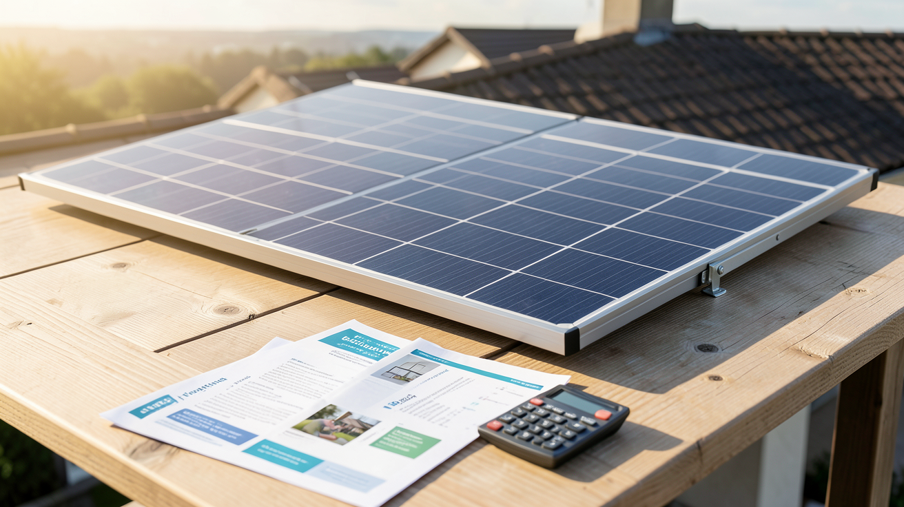 chauffage solaire prix avec aides financières 2026 : documents et calculatrice sur table en bois