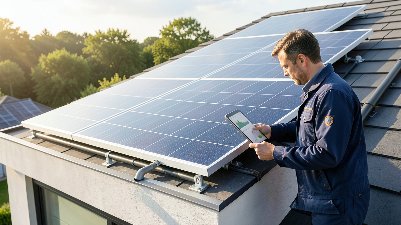 chauffage solaire prix comparatif 2026 avec technicien analysant les données d'un panneau solaire thermique sur toit moderne
