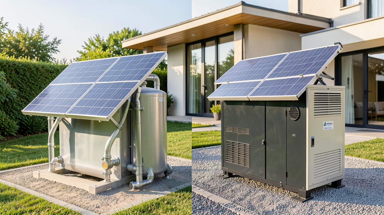 chauffage solaire thermique présentant les deux familles : hydraulique avec panneaux et ballon, et aérothermique avec capteurs et ventilation
