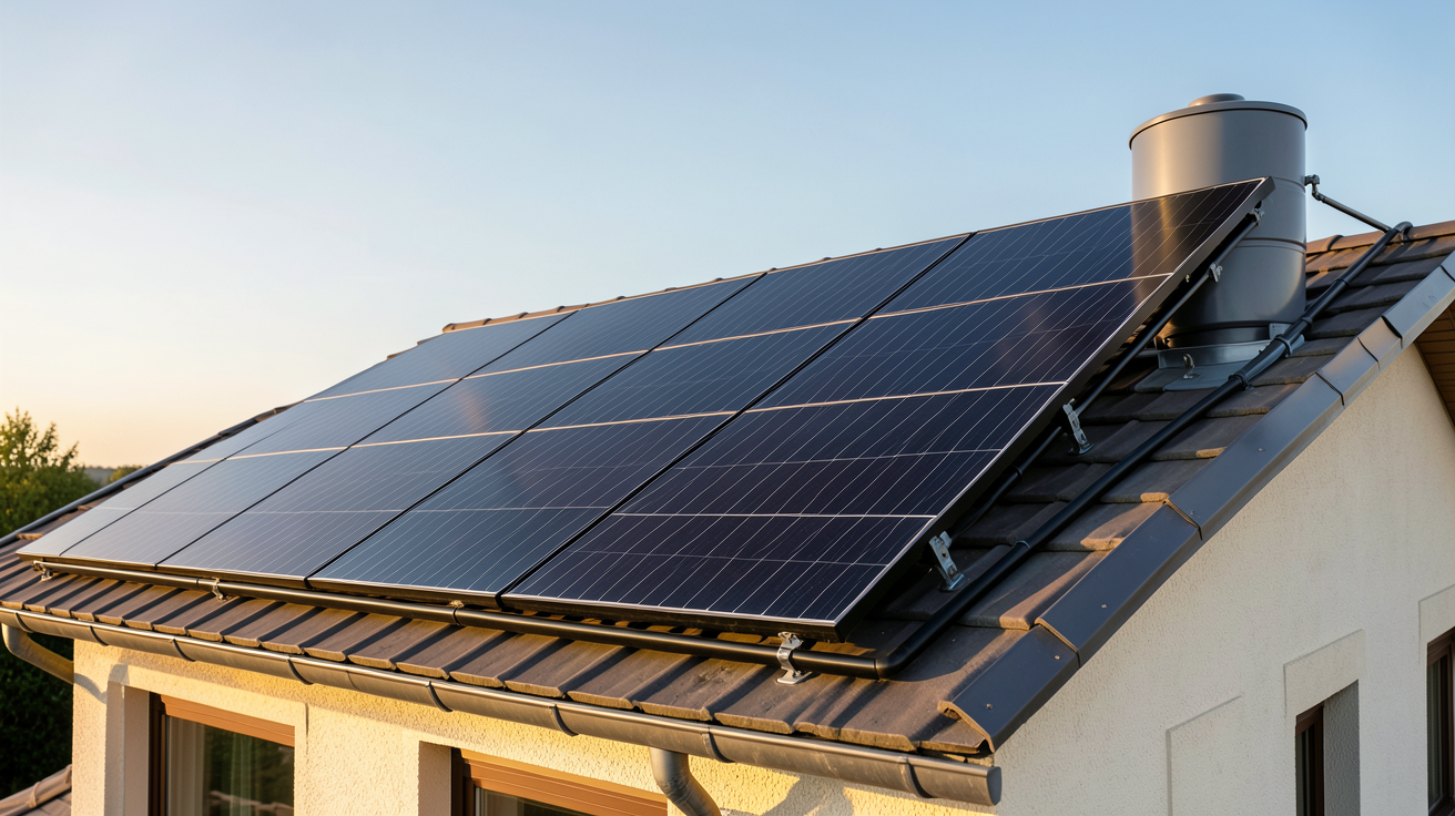 chauffage solaire thermique installé sur le toit d'une maison individuelle avec des panneaux solaires thermiques noirs