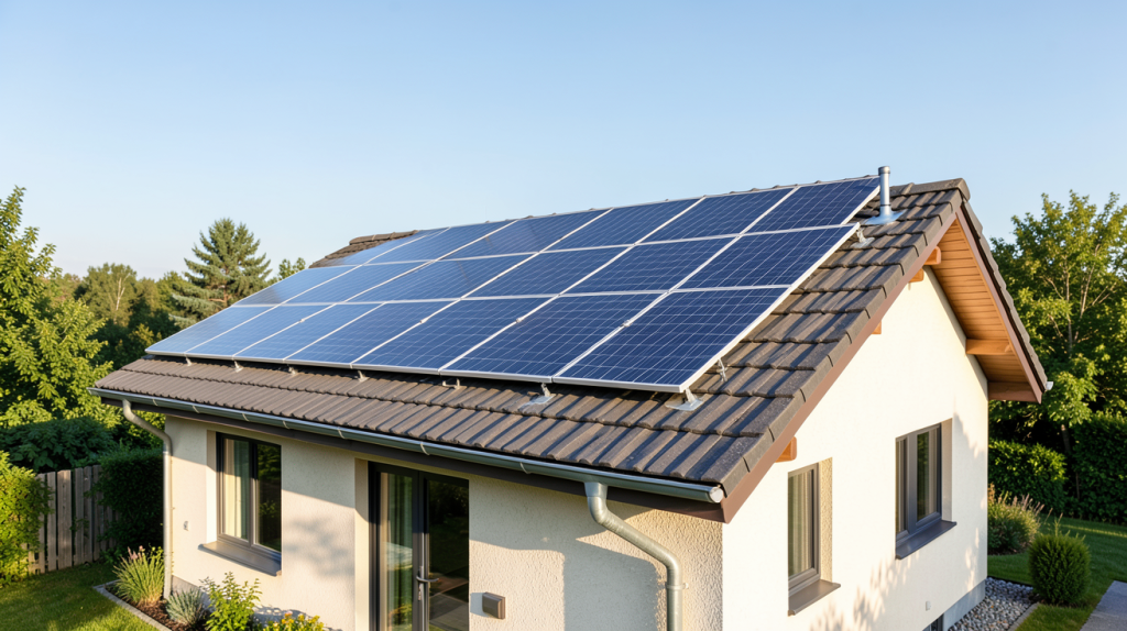 chauffage solaire thermique avec panneaux solaires installés sur le toit d'une maison individuelle moderne