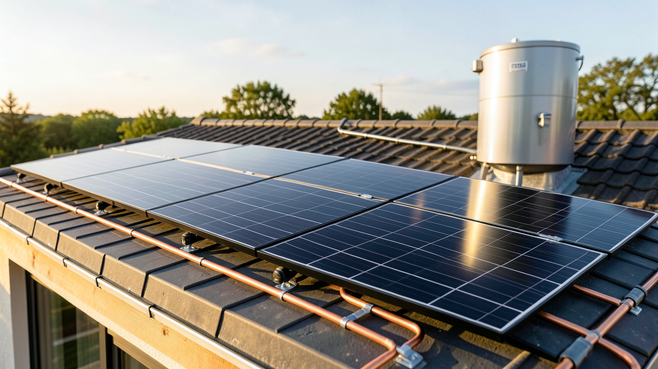 chauffage solaire thermique hydraulique avec panneaux solaires et ballon de stockage sur le toit d'une maison