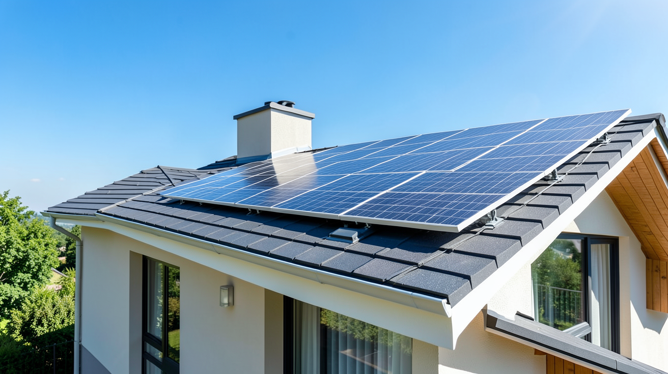 chauffage thermique solaire avec des panneaux thermiques installés sur le toit d'une maison moderne