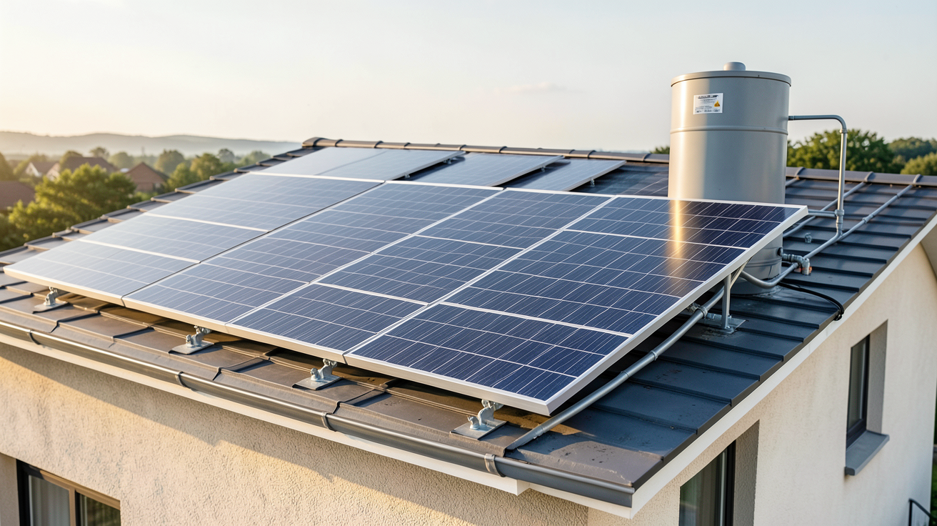chauffe air solaire à vendre installé sur le toit d'une maison avec panneaux thermiques et ballon de stockage