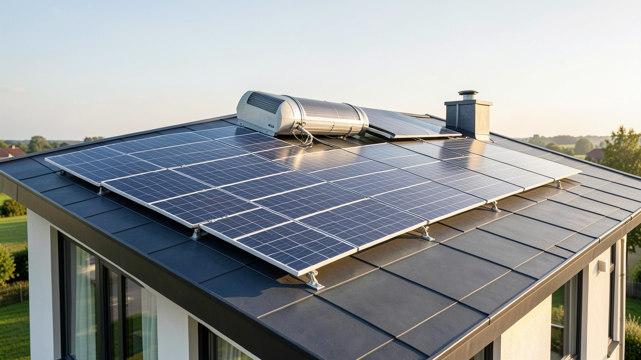 chauffe air solaire installé sur le toit d'une maison moderne illustrant son fonctionnement
