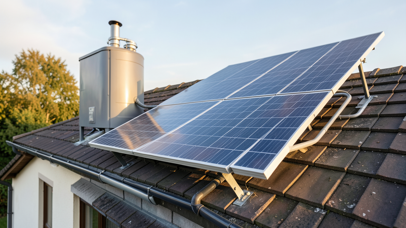 chauffe-eau avec panneau solaire installé sur un toit de maison individuelle, illustrant le coût d'installation et le retour sur investissement