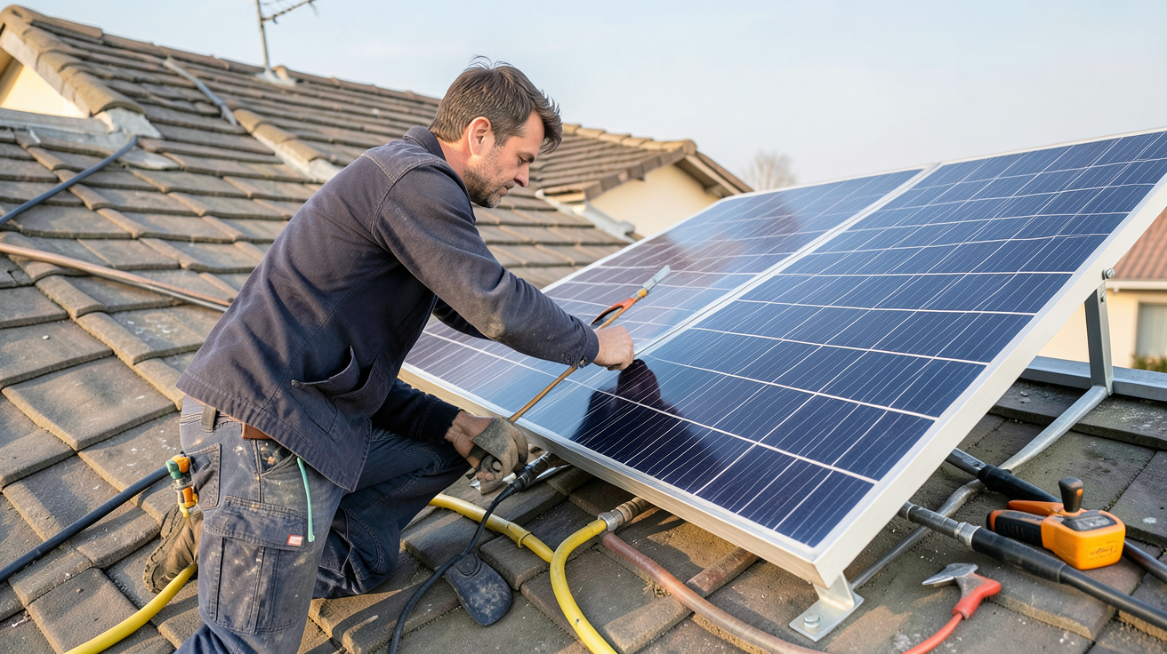 chauffe eau avec panneau solaire installation étape par étape sur un toit de maison