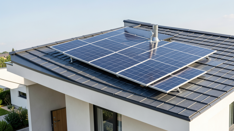 chauffe eau avec panneau solaire installé sur le toit d'une maison moderne, capturé en plein jour