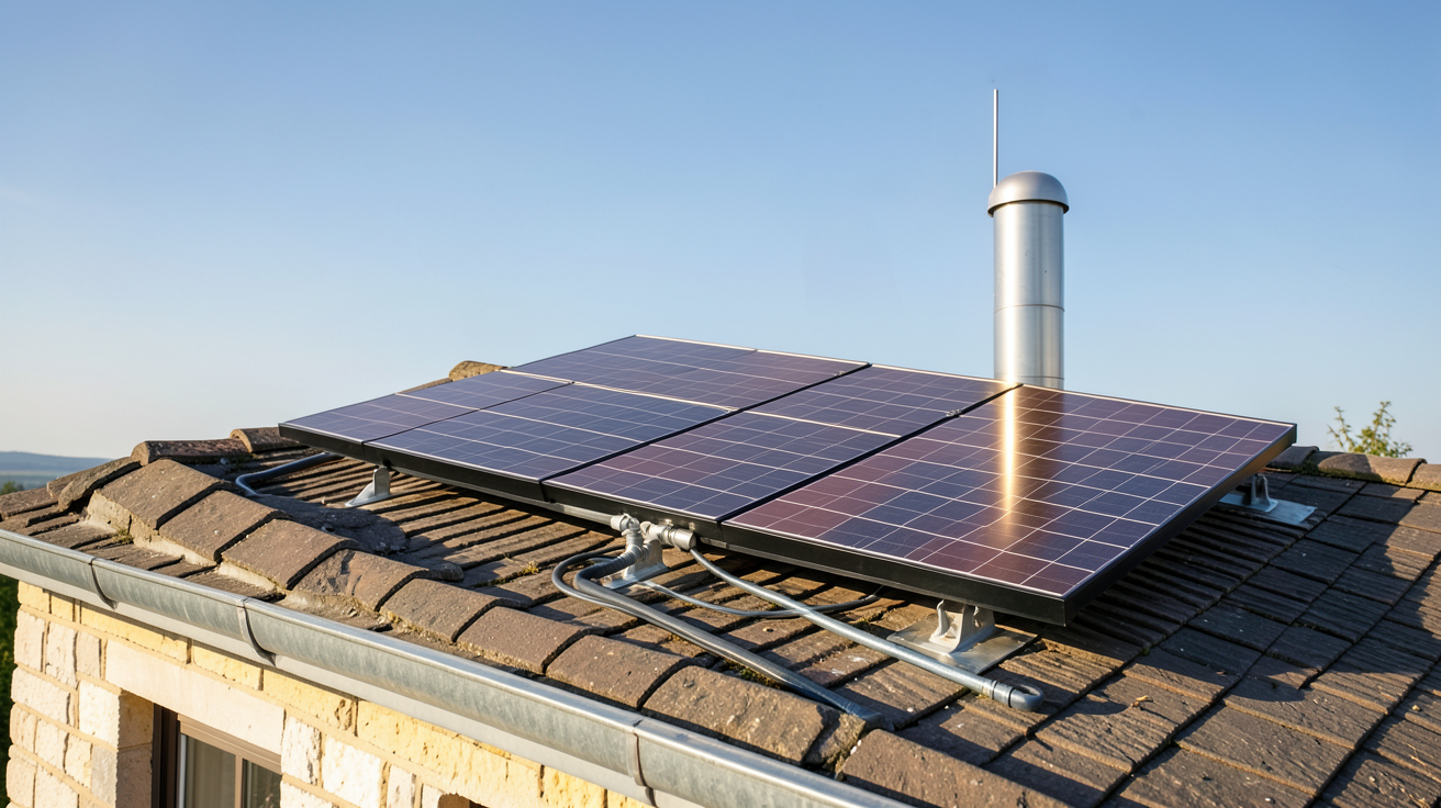 chauffe-eau avec panneau solaire thermique installé sur le toit d'une maison individuelle