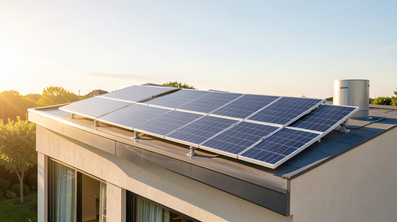 chauffe eau panneau solaire installé sur la toiture d'une maison sous un ciel dégagé