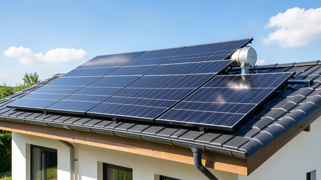 chauffe eau panneau solaire installé sur le toit d'une maison écologique avec ciel bleu