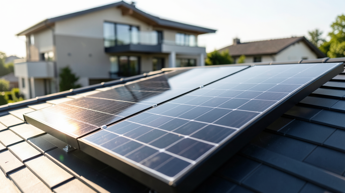 chauffe eau panneau solaire prix 2026 : installation sur toit de maison avec panneaux thermiques noirs