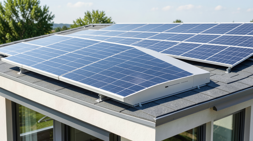 chauffe eau photovoltaïque installé sur le toit d'une maison moderne avec panneaux solaires, photo ultra réaliste
