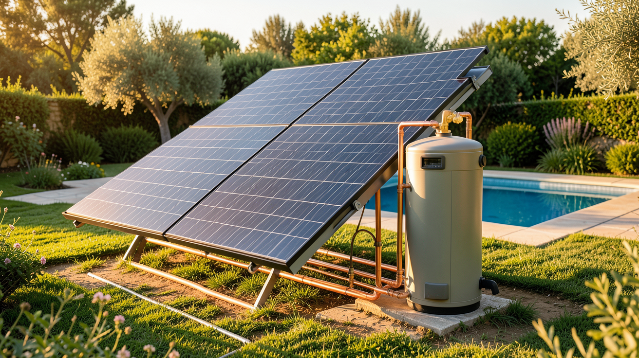 chauffe eau piscine solaire installation avec panneaux thermiques et ballon de stockage dans un jardin ensoleillé