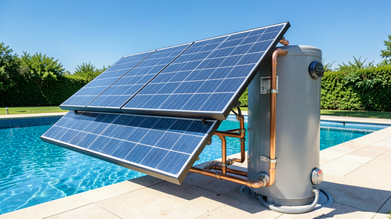 chauffe eau piscine solaire installé à côté d'une piscine extérieure ensoleillée