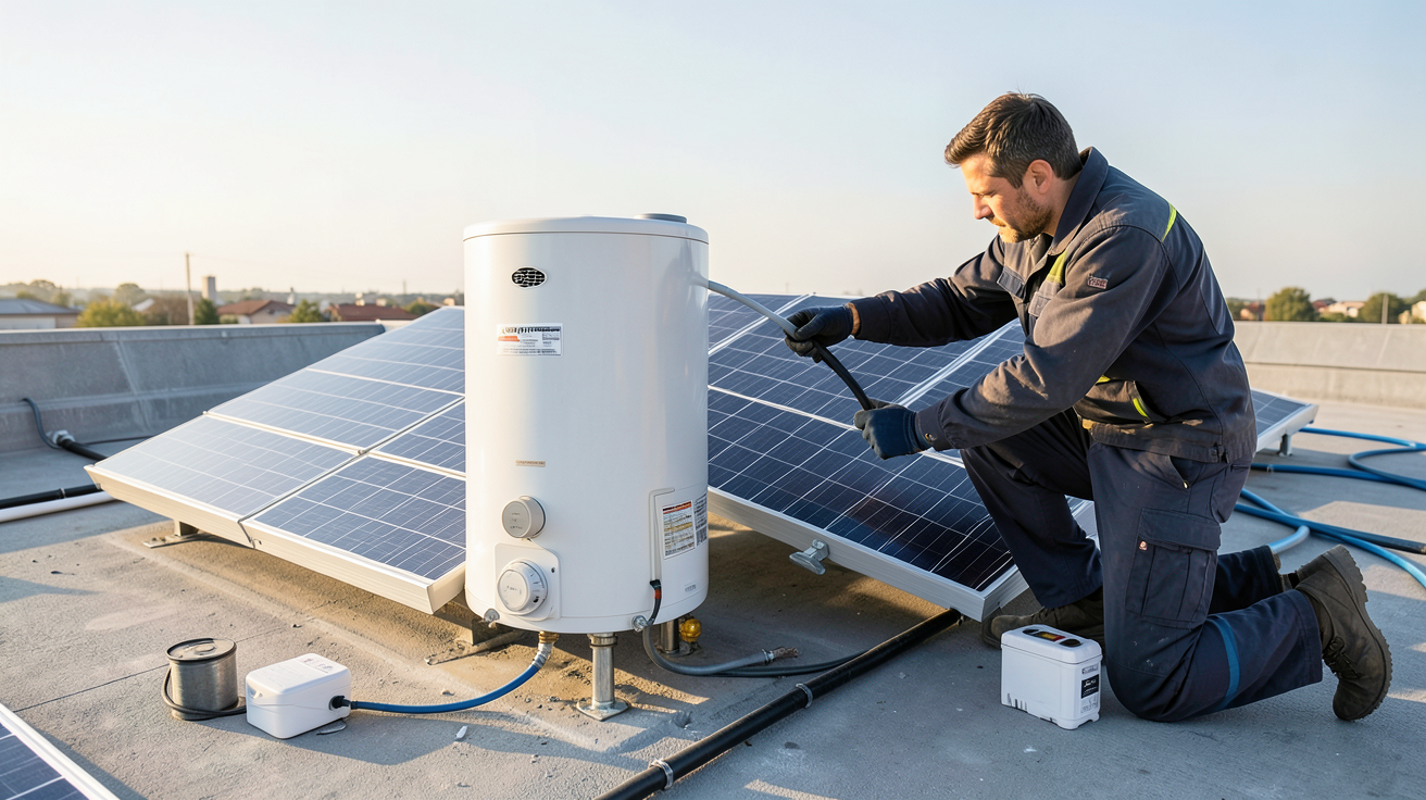 chauffe eau solaire 100l installation étape par étape sur un toit avec un professionnel