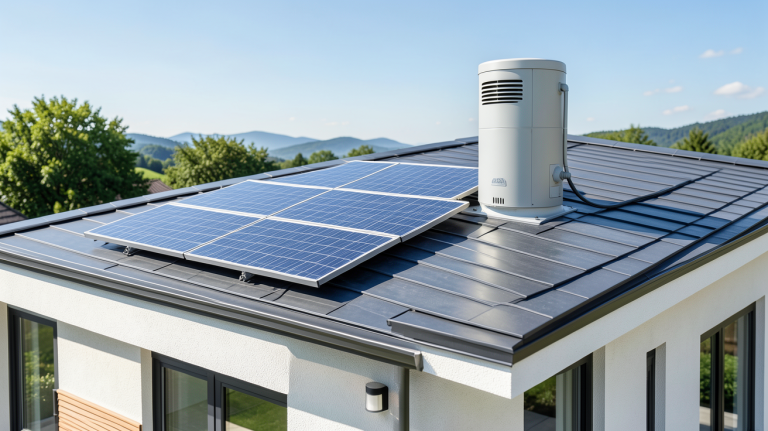 chauffe eau solaire 100l installé sur le toit d'une maison résidentielle moderne, capturé en lumière naturelle, image ultra réaliste SEO friendly