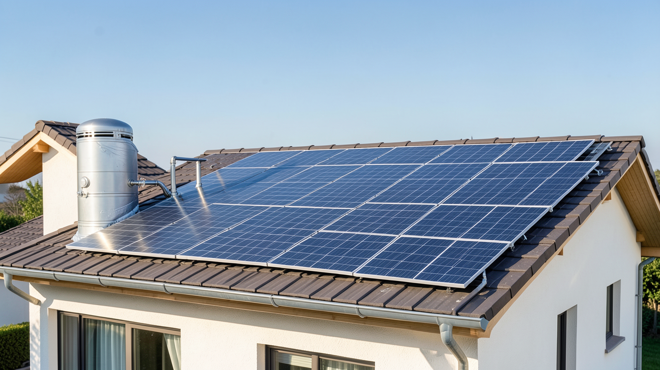 chauffe-eau solaire 100L installé sur le toit d'une maison avec des panneaux solaires thermiques