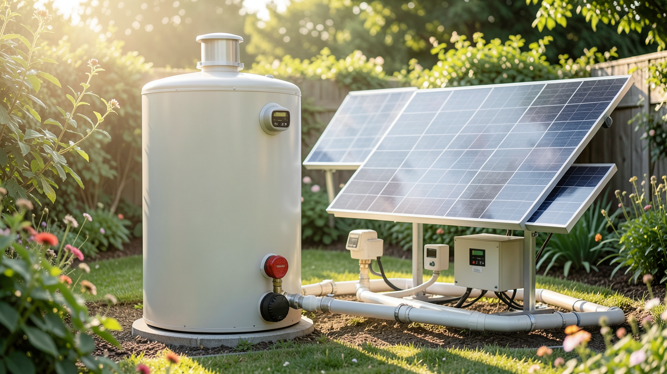 chauffe eau solaire autonome montrant les composants essentiels : capteurs solaires, ballon de stockage et système de régulation