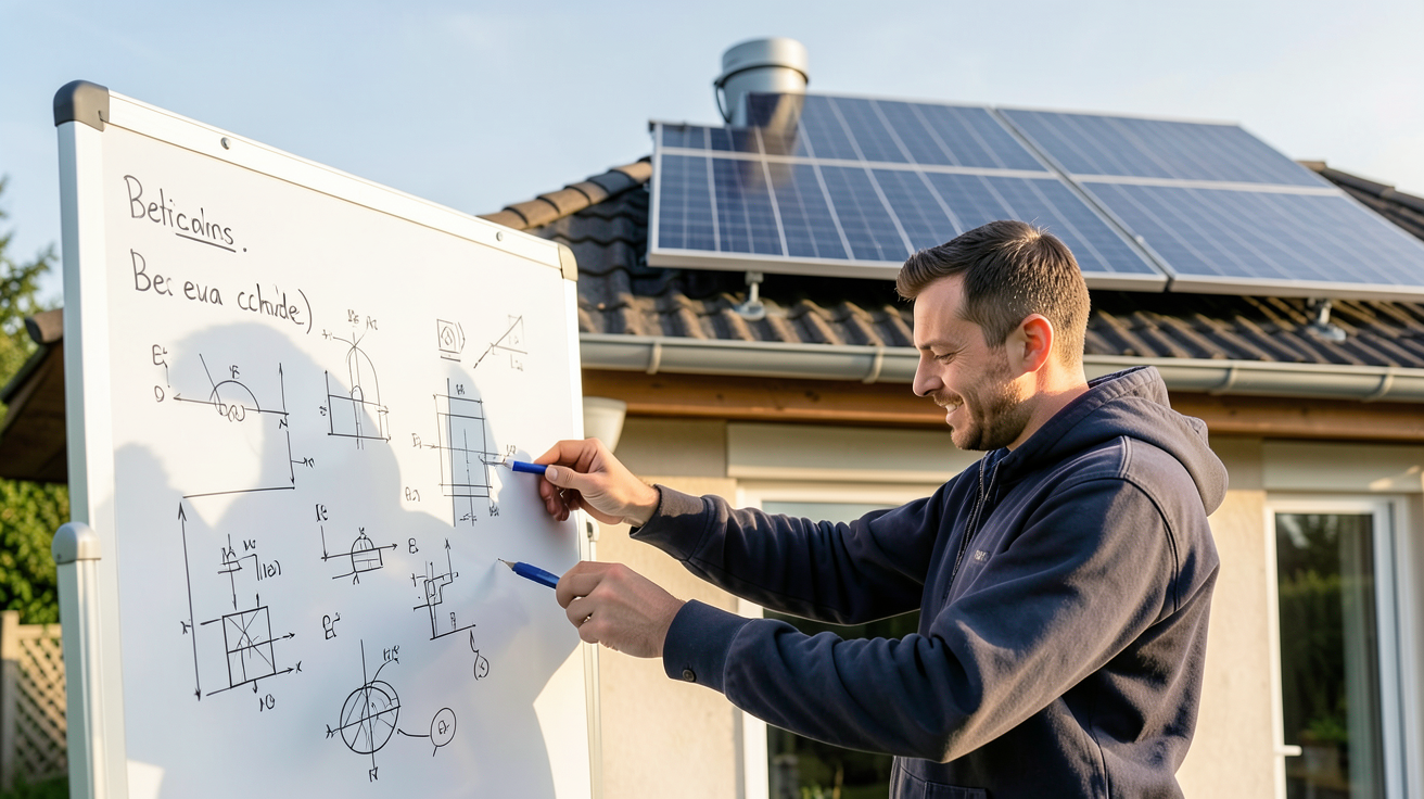 chauffe-eau solaire autonome avec technicien calculant les besoins en eau chaude sur un tableau blanc