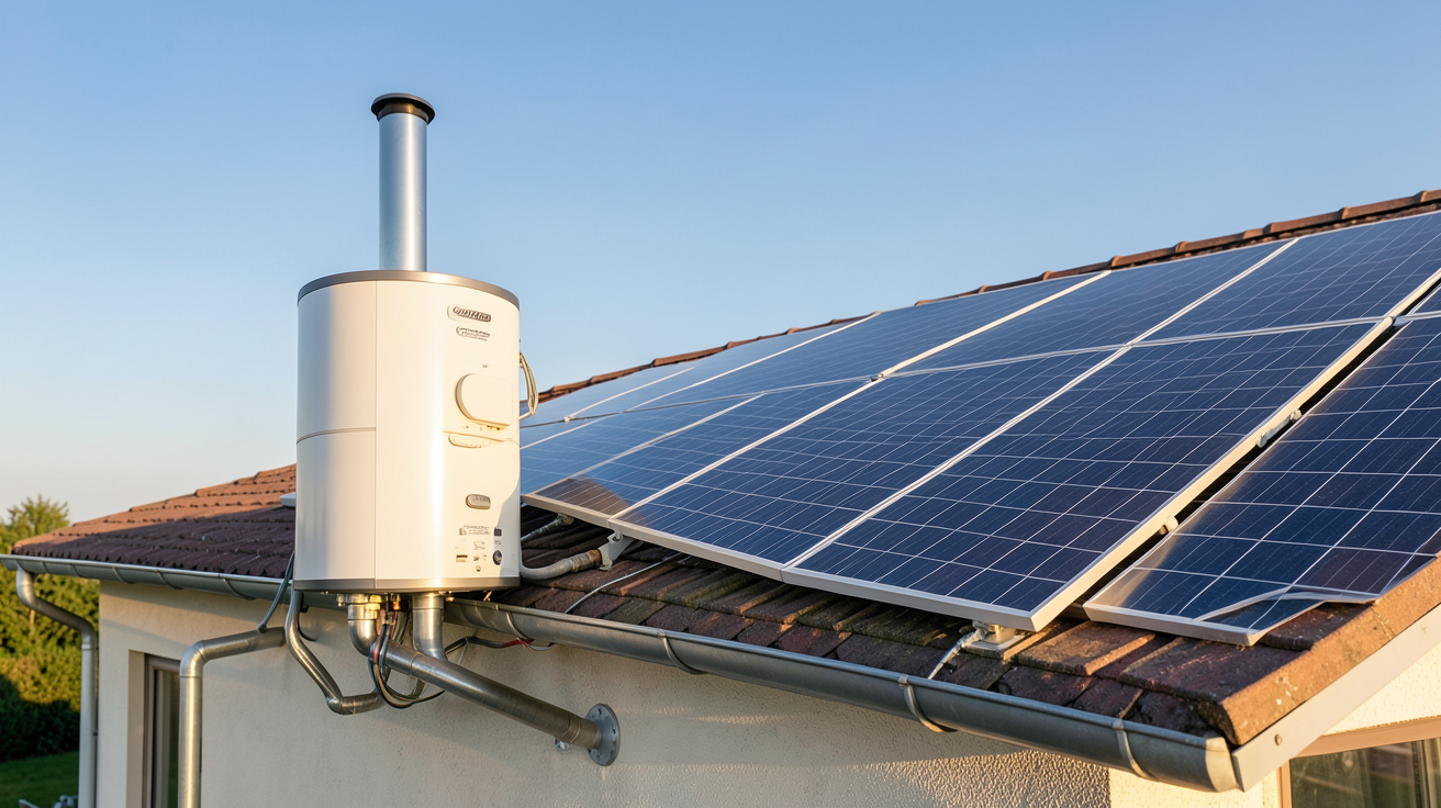 chauffe-eau solaire autonome installé sur le toit d'une maison individuelle, avec panneaux solaires thermiques