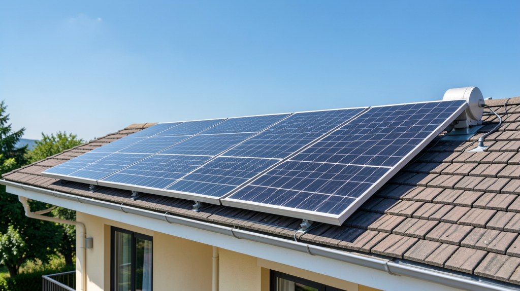 chauffe eau solaire autonome installé sur le toit d'une maison ensoleillée avec panneaux solaires thermiques noirs