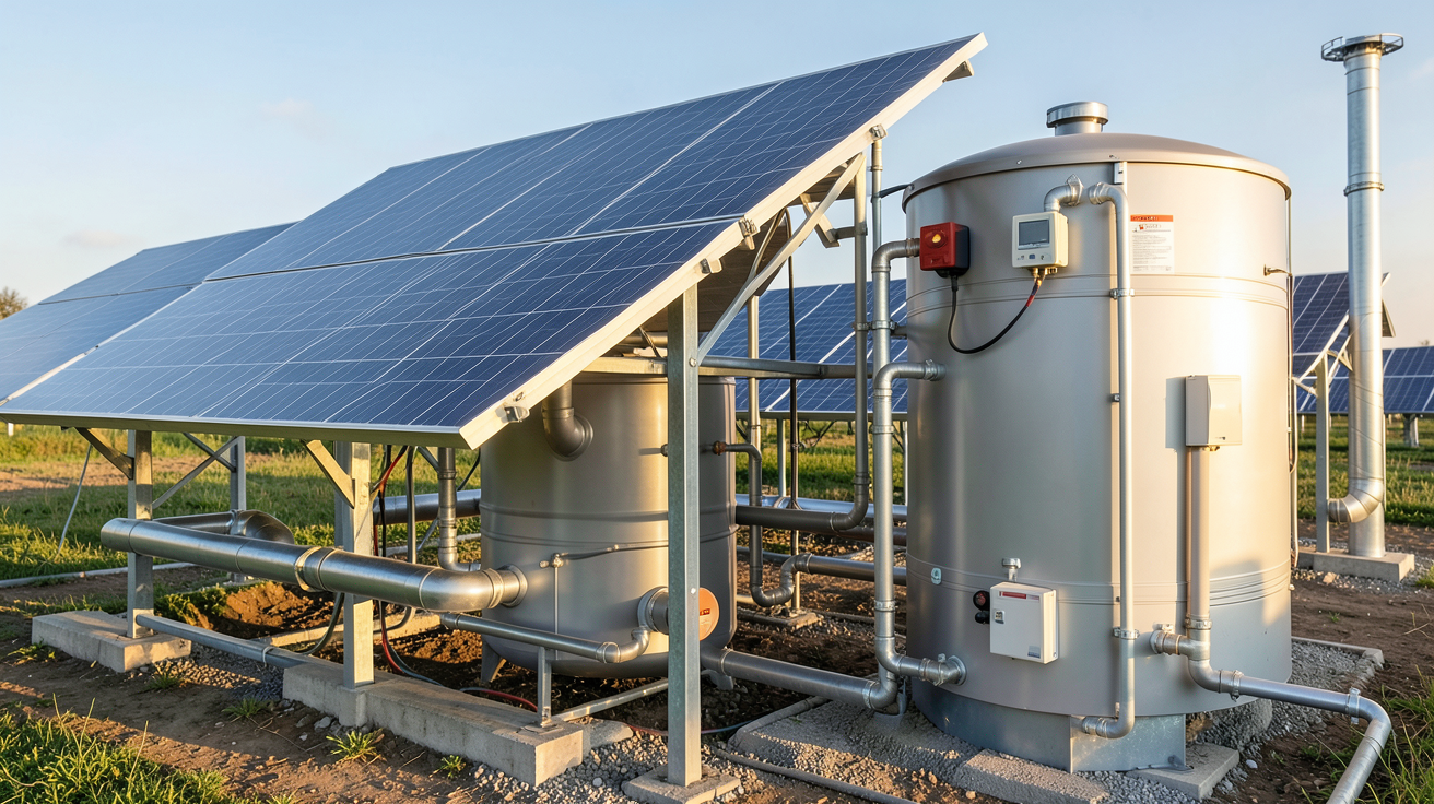 chauffe-eau solaire collectif en fonctionnement détaillé montrant les panneaux solaires thermiques et le ballon de stockage