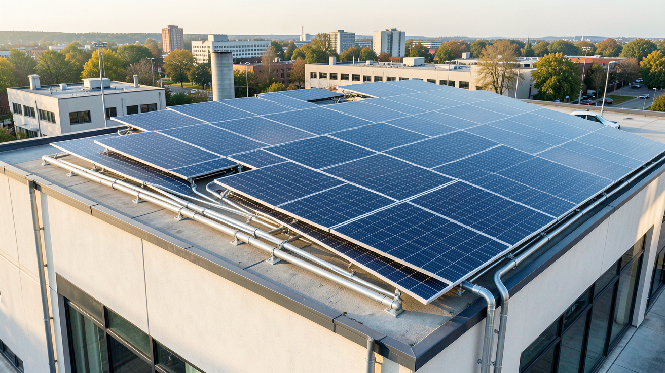 chauffe eau solaire collectif installé sur le toit d'un bâtiment tertiaire pour illustrer le retour sur investissement