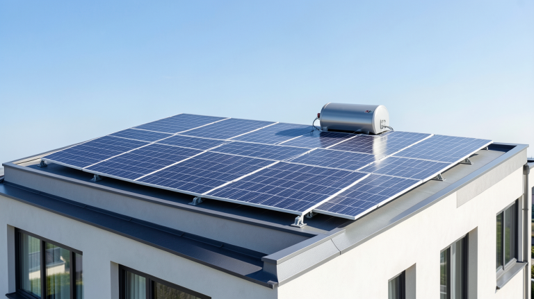 chauffe eau solaire collectif installé sur le toit d'un bâtiment résidentiel moderne