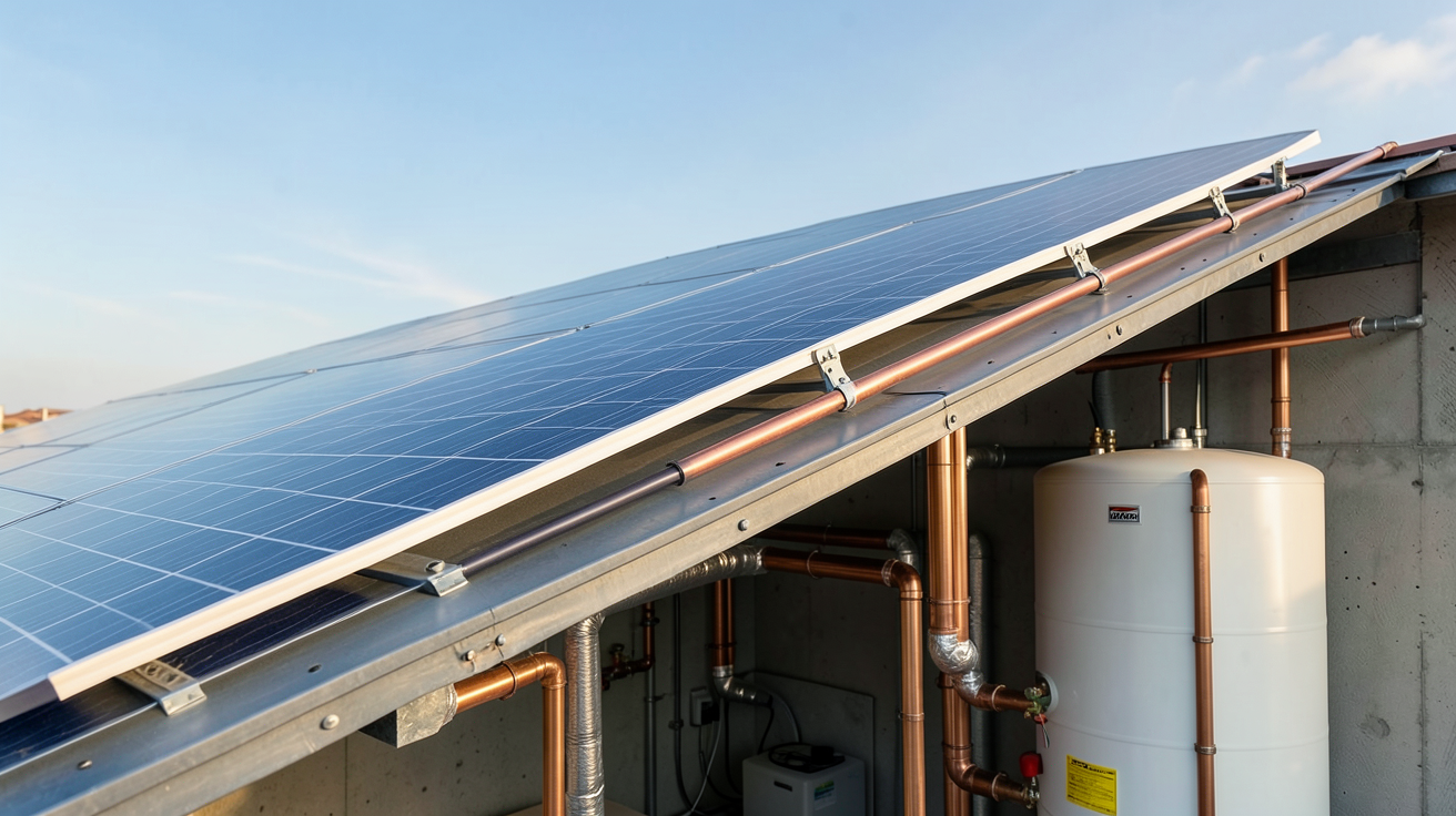 chauffe-eau solaire en fonctionnement détaillé avec panneaux thermiques sur toit et ballon de stockage