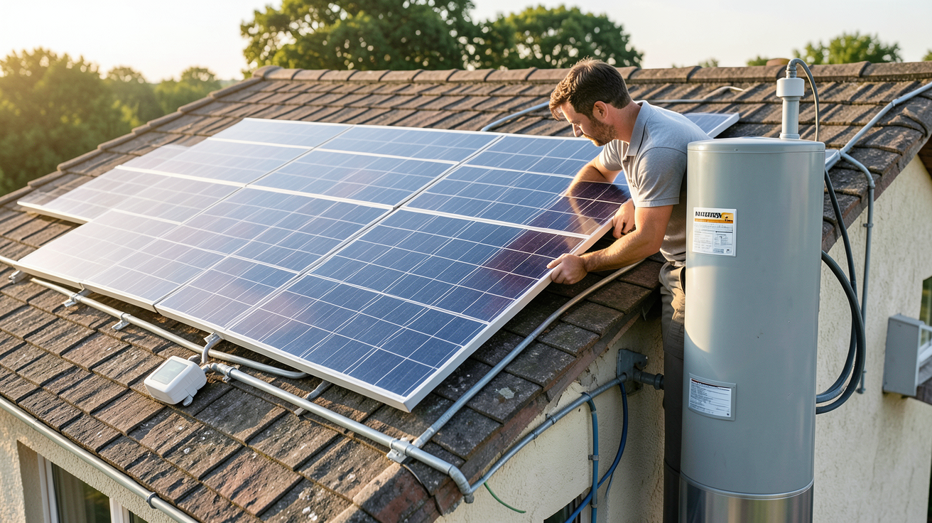 chauffe eau solaire sur le toit d'une maison individuelle avec technicien en train de dimensionner l'installation