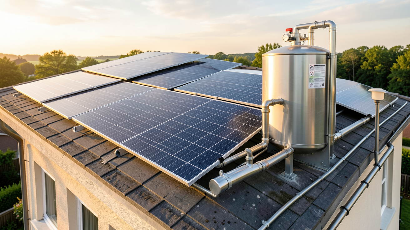chauffe eau solaire maison présentant différents types de capteurs thermiques sur un toit résidentiel