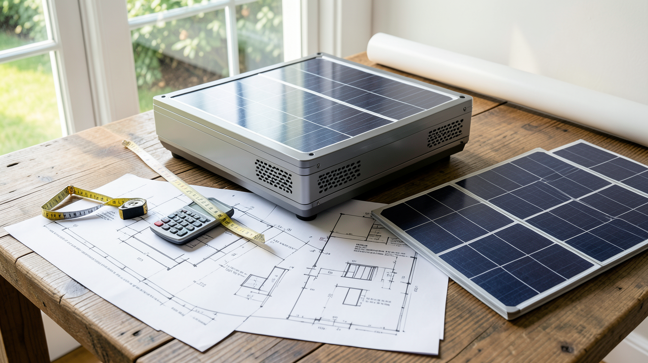 chauffe eau solaire piscine avec plans de dimensionnement et outils de calcul sur une table en bois