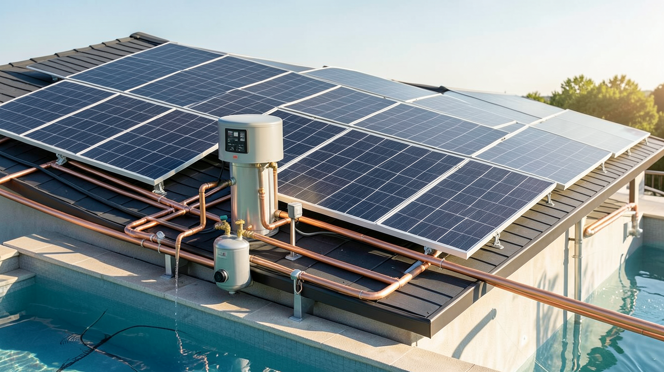chauffe-eau solaire piscine montrant les panneaux thermiques et le système de circulation d'eau