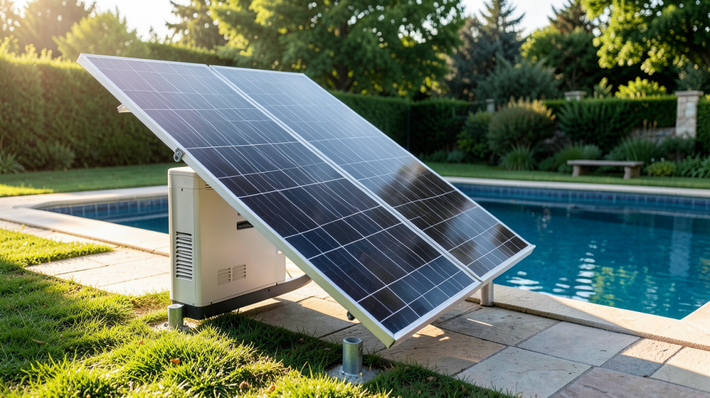 chauffe eau solaire piscine installé à côté d'une piscine extérieure avec panneaux solaires thermiques