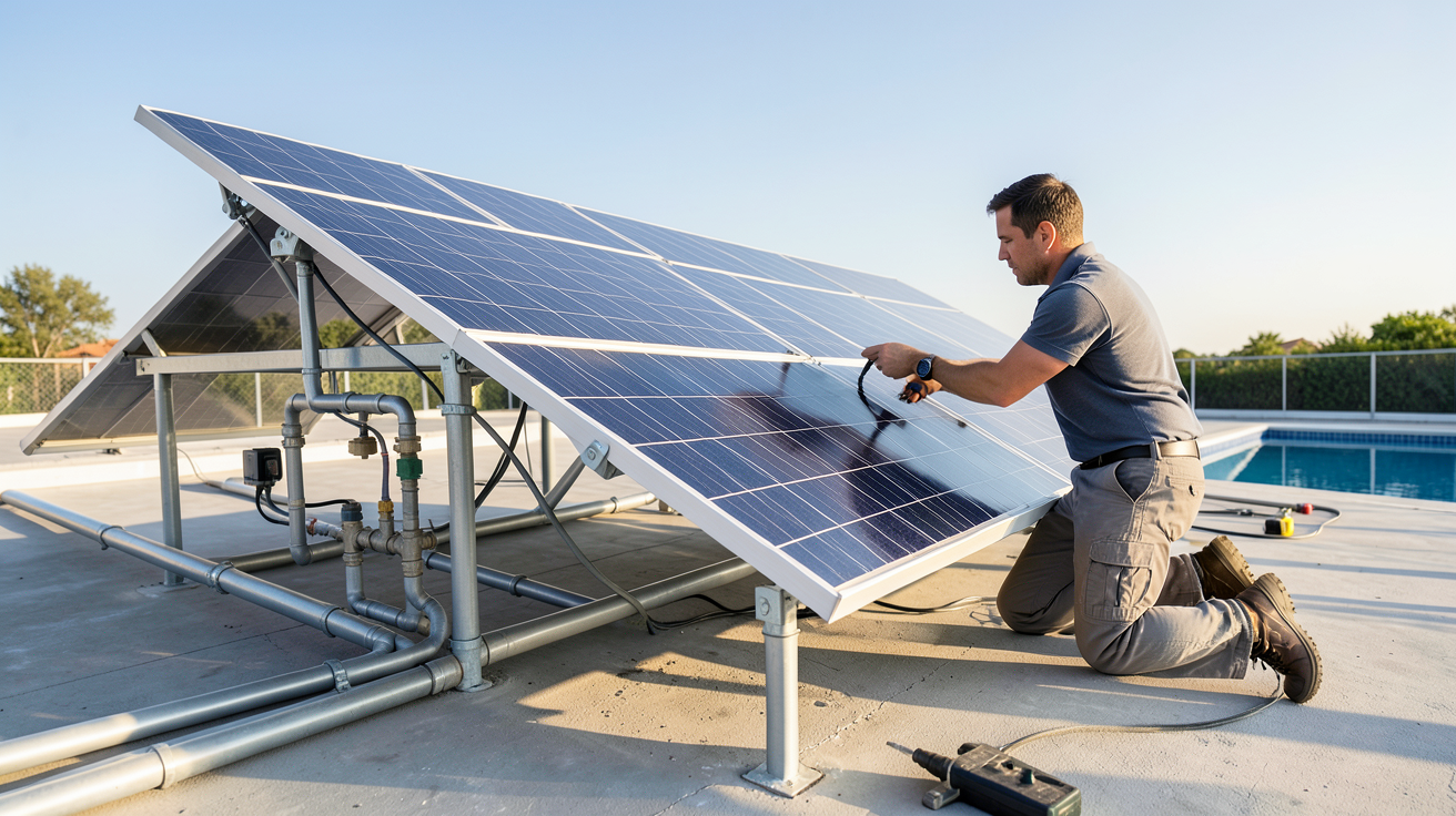 chauffe-eau solaire piscine installation pas à pas montrant un professionnel fixant des panneaux solaires sur un toit
