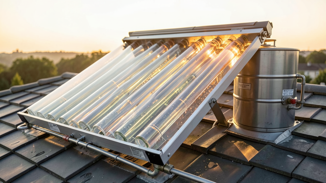 chauffe eau solaire tube sous vide en fonctionnement sur un toit avec des tubes sous vide alignés