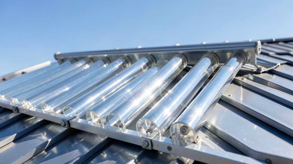 chauffe eau solaire tube sous vide installé sur le toit d'une maison sous un ciel bleu