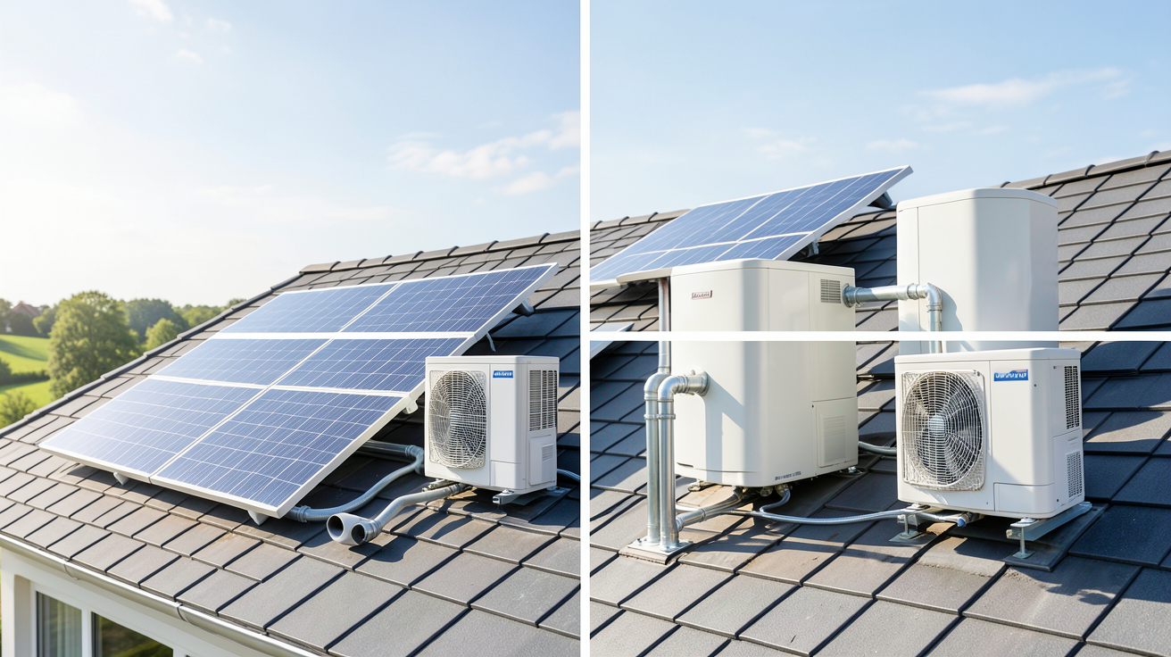 chauffe eau solaire montrant quatre types de chauffe-eau solaire montrant quatre types de capteurs solaires sur un toit résidentiel