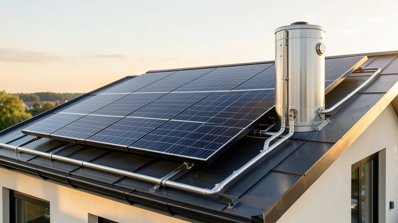 chauffe-eau solaires installé sur le toit d'une maison moderne avec panneaux thermiques et ballon de stockage en inox