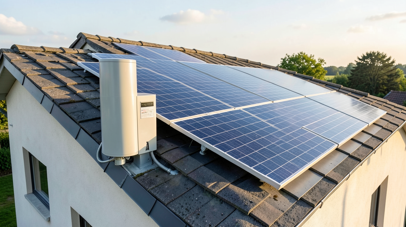 chauffe eau thermodynamique avec panneau solaire installé sur un toit de maison pour optimiser l'autoconsommation énergétique