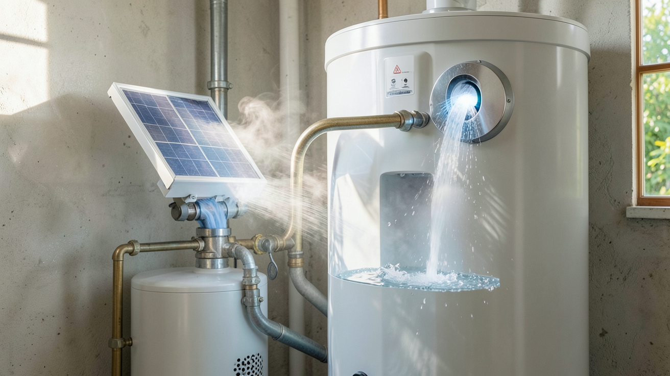 chauffe eau thermodynamique solaire à capteur atmosphérique montre le processus complet de captation solaire, d'échange de chaleur et de production d'eau chaude dans un décor réaliste